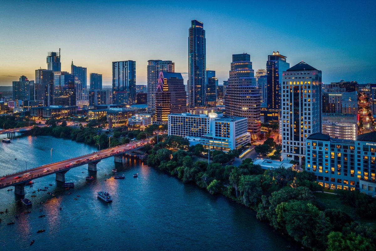 Downtown Austin skyline at dusk over Lady Bird Lake