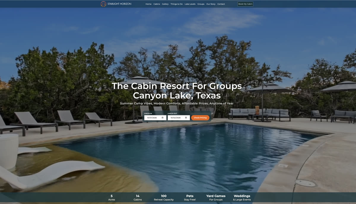 The Starlight Horizon homepage, one of the websites we built and run.
